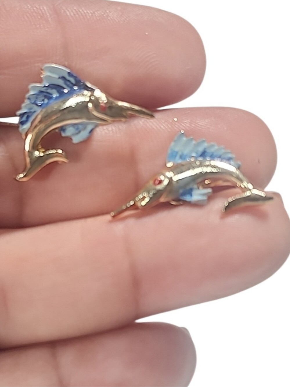 Gold-tone Blue Enamel Marlin Fish Pin Earrings